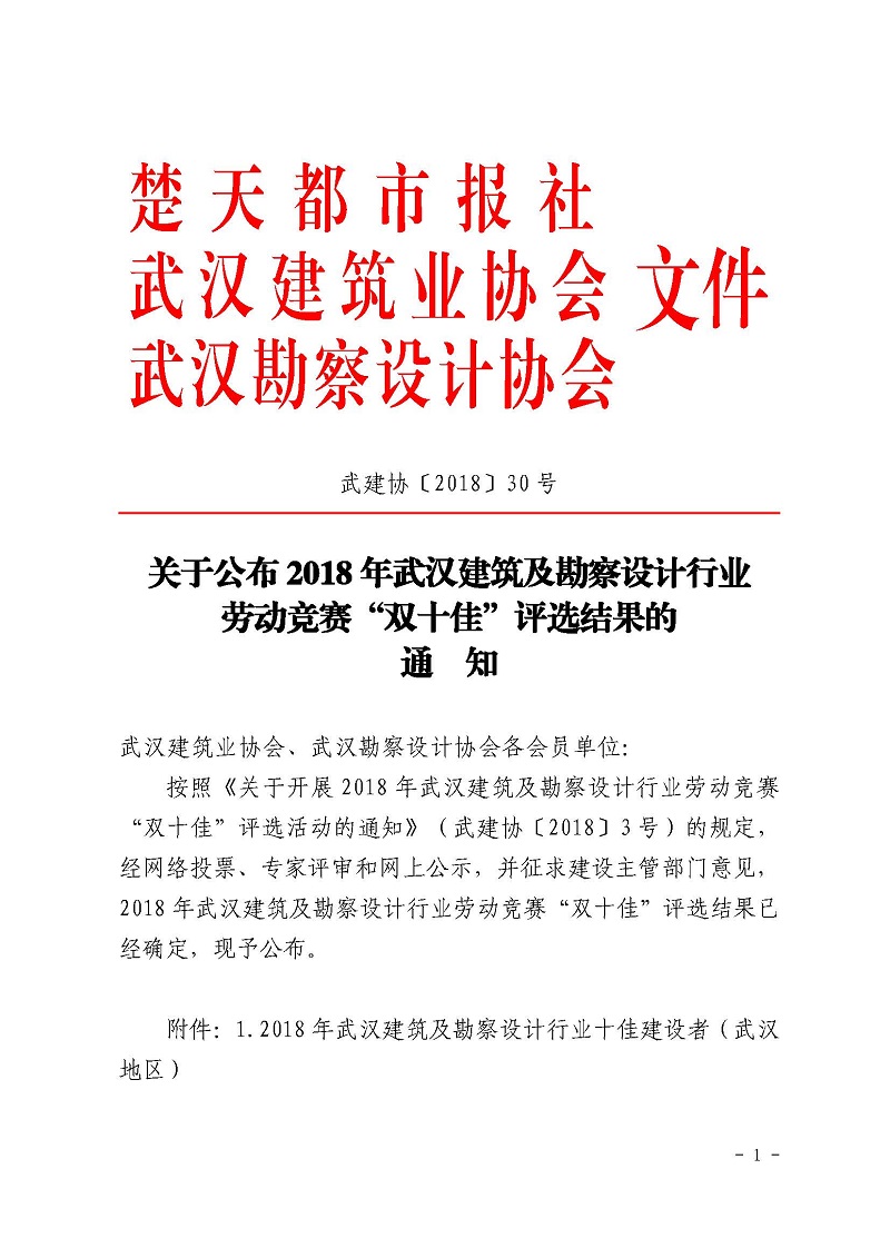 关于公布2018 年武汉建筑及勘察设计行业 劳动竞赛“双十佳”评选结果的 通知