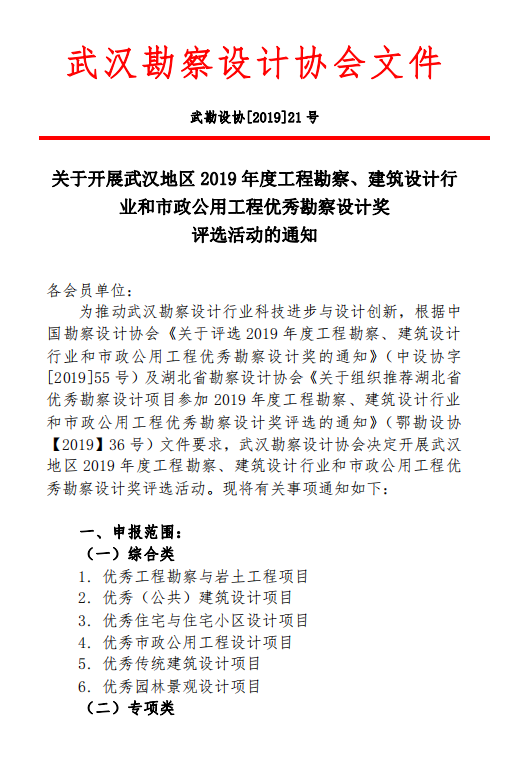 关于开展武汉地区2019年度工程勘察、建筑设计行业和市政公用工程优秀勘察设计奖评选活动的通知