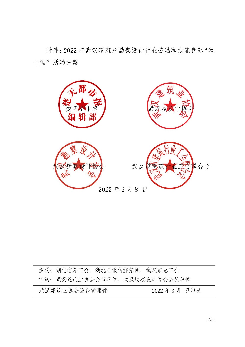 关于开展 2022 年武汉建筑及勘察设计行业 劳动和技能竞赛“双十佳”活动的通知