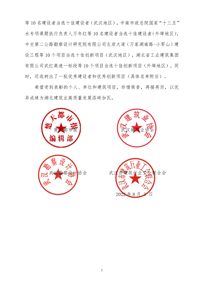 关于2022 年武汉建筑及勘察设计行业劳动竞赛 “ 双十佳” 活动结果的通报