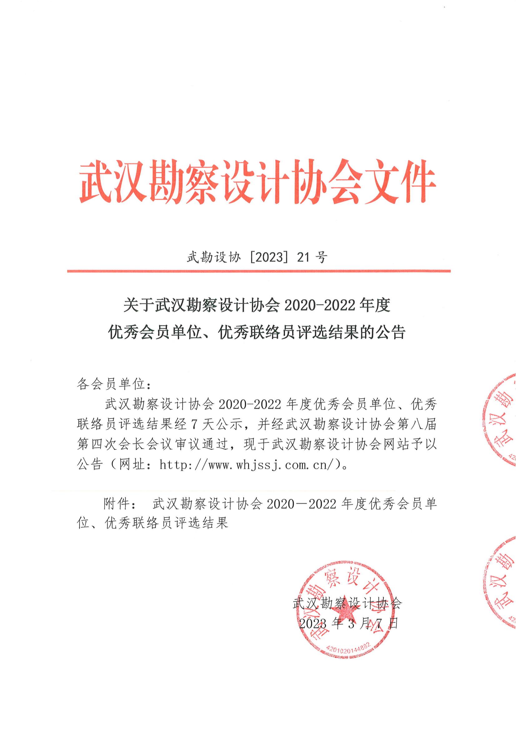 关于武汉勘察设计协会2020-2022年度优秀会员单位、优秀联络员评选结果的公告