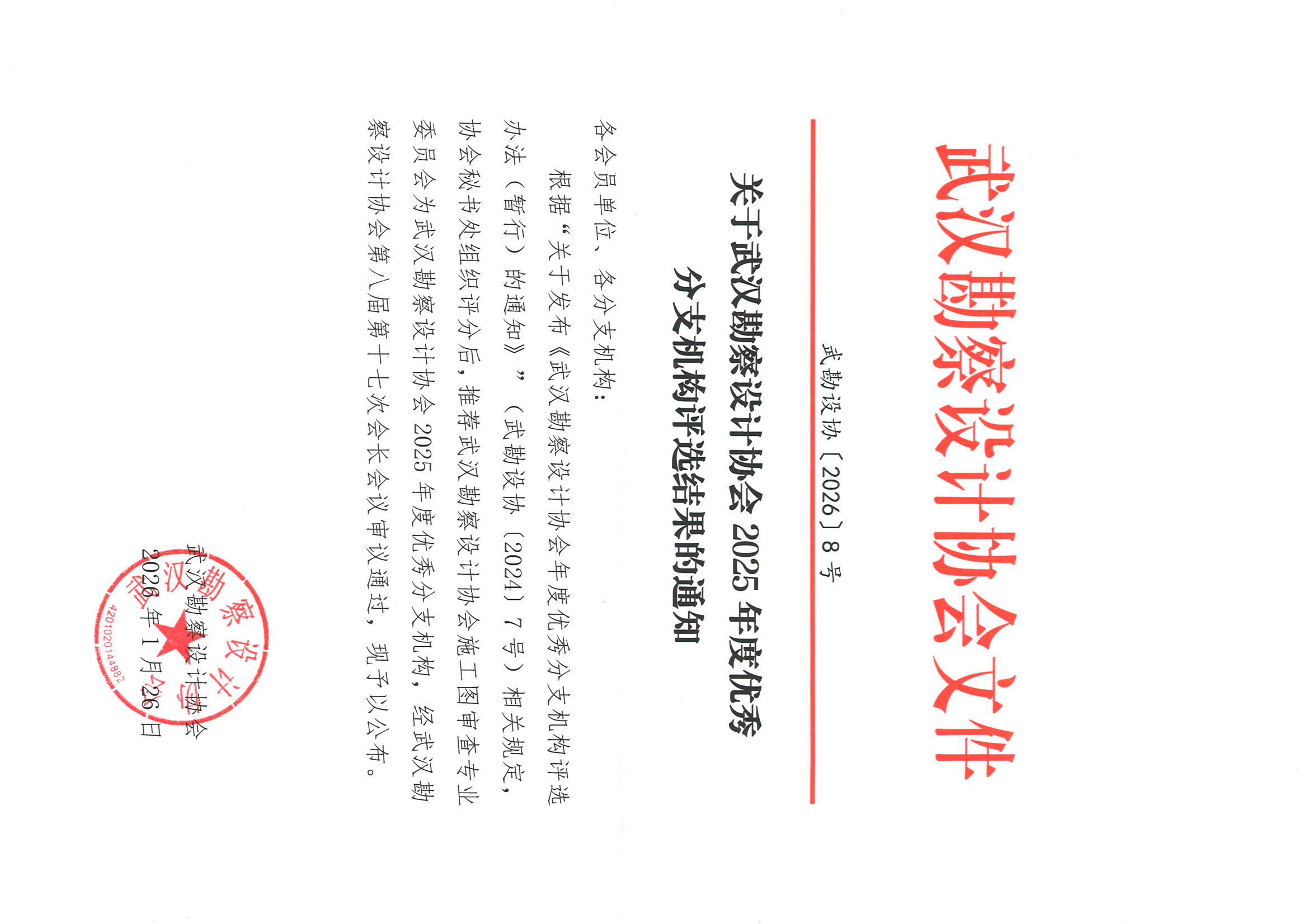 关于武汉勘察设计协会2025年度优秀分支机构评选结果的通知
